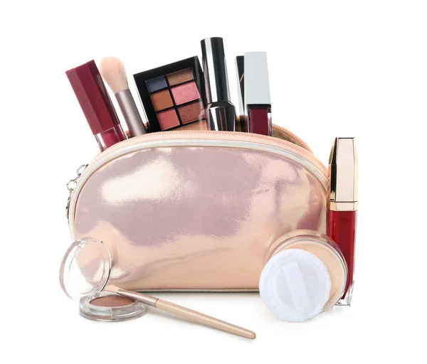 Tasche Mit Kosmetikprodukten Auf Weißem Hintergrund — Stockfoto