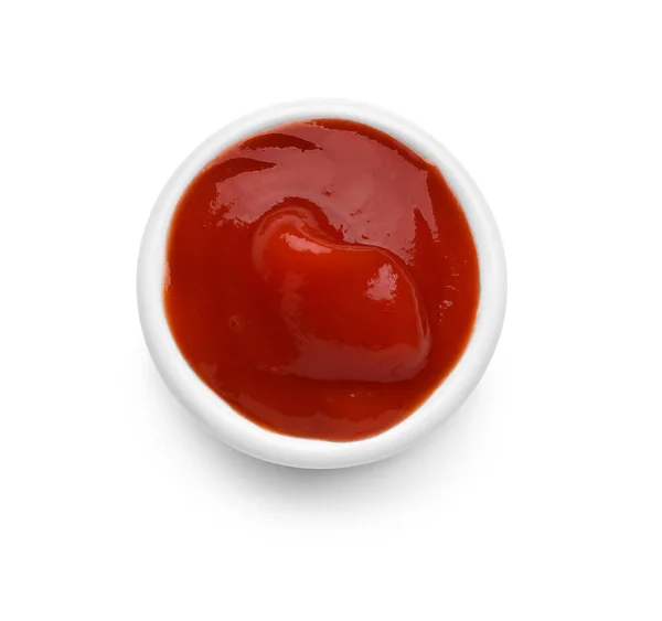Schüssel Mit Leckerem Ketchup Isoliert Auf Weißem Hintergrund — Stockfoto