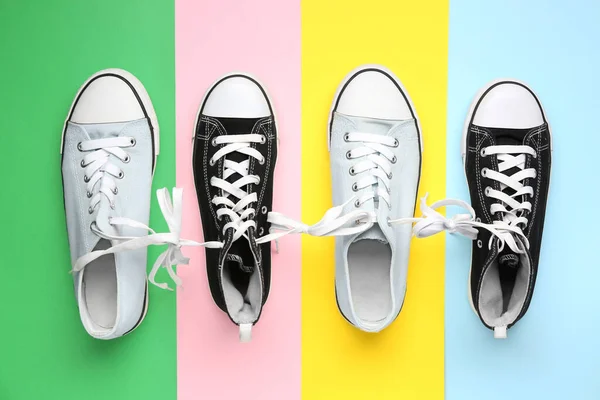 Sneakers Tied Shoe Laces Color Background April Fools Day Celebration — Stock Photo, Image