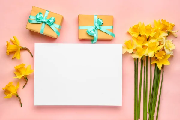 Vackra Narcissus Presentförpackningar Och Rektangulära Tomt Kort Färg Bakgrund — Stockfoto
