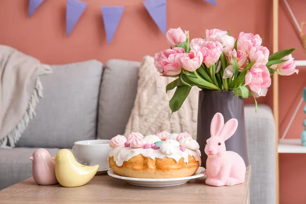 Easter Cake Bunny Porcelain Quails Vase Tulip Flowers Table Living — Stock Photo, Image