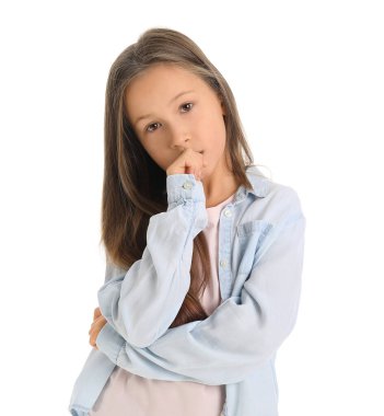 Little girl biting nails on white background