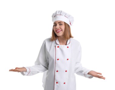 Female baker in uniform on white background