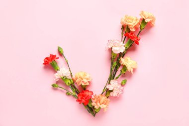 Pembe arka planda karanfil çiçeklerinden yapılmış işaretler