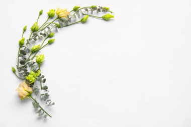 Çok güzel Eustoma çiçekleri ve arka planda okaliptüs dalları olan kompozisyon