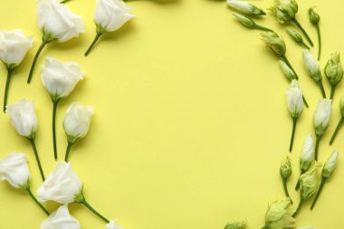Sarı arkaplanda beyaz Eustoma çiçeklerinden yapılmış çerçeve, yakın plan