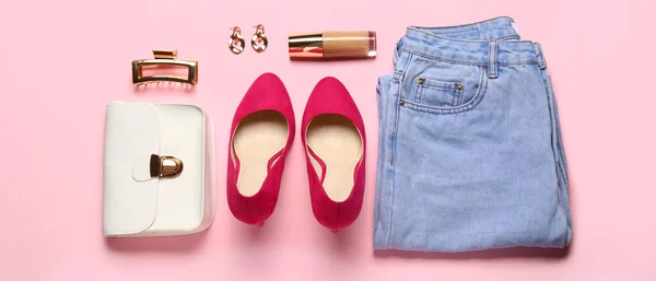 Stylish Female Look Elegant High Heels Bag Jeans Pants Pink — Stock Photo, Image