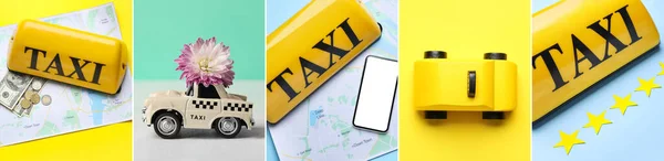 Κολάζ Της Πινακίδας Οροφής Ταξί Παιχνίδια Αυτοκίνητα Χάρτη Χρήματα Και — Φωτογραφία Αρχείου