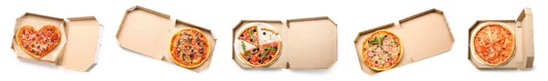 Zestaw Pudełek Smacznymi Pizzami Izolowanych Biało Widok Góry — Zdjęcie stockowe