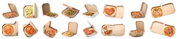 배경에 맛있는 피자가 상자들의 — 스톡 사진