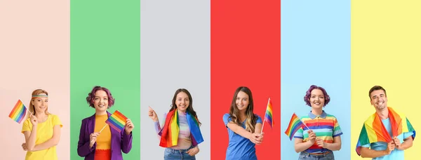 Set Von Menschen Mit Lgbt Flaggen Auf Farbigem Hintergrund — Stockfoto