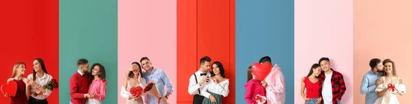 Gruppe Glücklicher Paare Auf Farbigem Hintergrund — Stockfoto