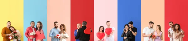 Set Von Glücklichen Paaren Auf Farbigem Hintergrund — Stockfoto