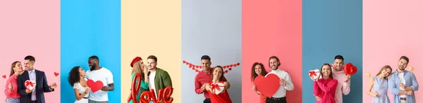 幸せなカップルのコラージュの色の背景 — ストック写真