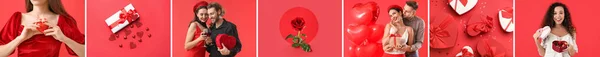 Colagem Romântica Fotos Diferentes Fundo Vermelho Celebração Dia Dos Namorados — Fotografia de Stock