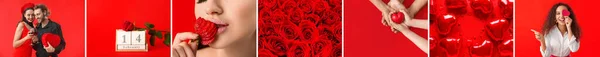 Романтический Коллаж Разных Фотографий Красном Фоне Празднование Дня Святого Валентина — стоковое фото
