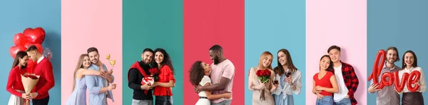Коллаж Счастливых Пар Цветном Фоне — стоковое фото