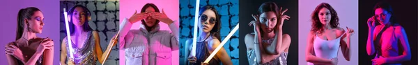 Collage Trendiger Junger Frauen Neonfarben — Stockfoto