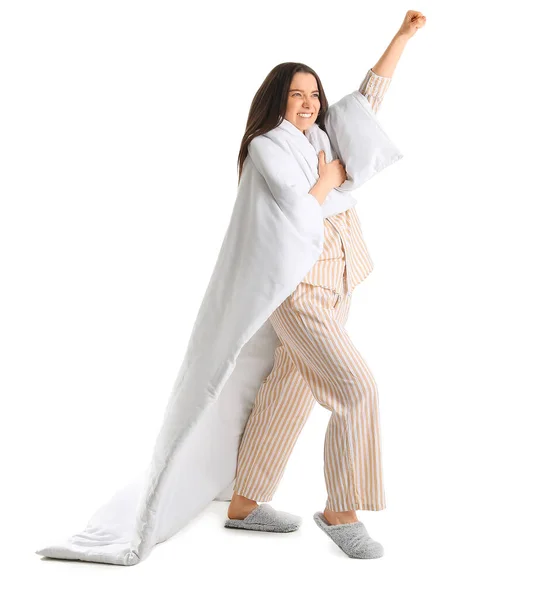 Junge Frau Mit Weicher Decke Auf Weißem Hintergrund — Stockfoto