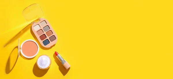Set Professional Makeup Cosmetics Sponge Yellow Background Space Text — Stock Photo, Image