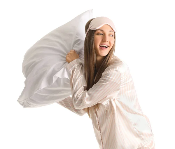 Junge Frau Mit Schlafmaske Und Kopfkissen Auf Weißem Hintergrund — Stockfoto
