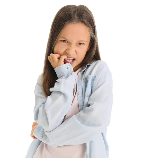 Little Girl Biting Nails White Background — Stock Photo, Image