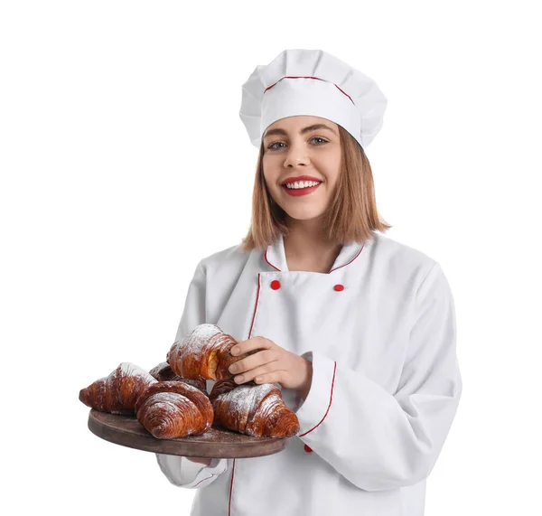 Female Baker Board Tasty Croissants White Background — Stok fotoğraf