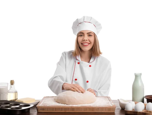 Kvinna Bagare Med Deg Vid Bordet Vit Bakgrund — Stockfoto
