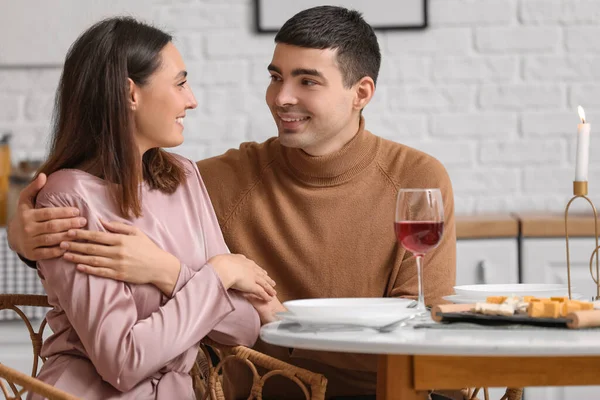 Young Man Hugging His Girlfriend Date Kitchen — Stock Photo, Image