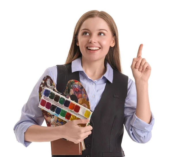 Drawing Teacher Paint Palette Books Pointing Something White Background — Stock Photo, Image