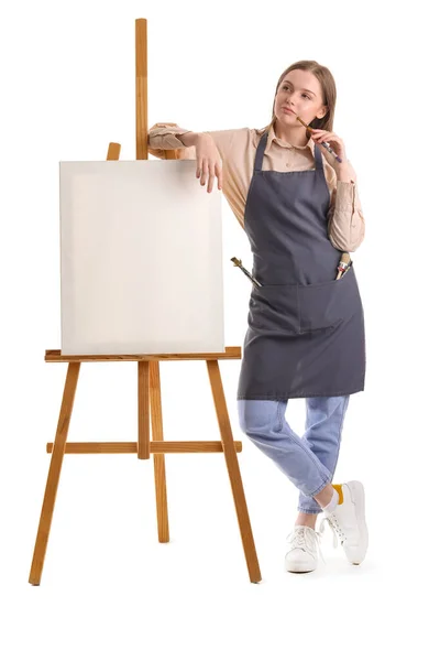 Thoughtful Drawing Teacher Paint Brush Easel White Background — Stock Photo, Image