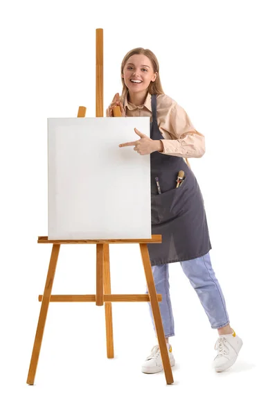Drawing Teacher Pointing Easel White Background — Stock Photo, Image