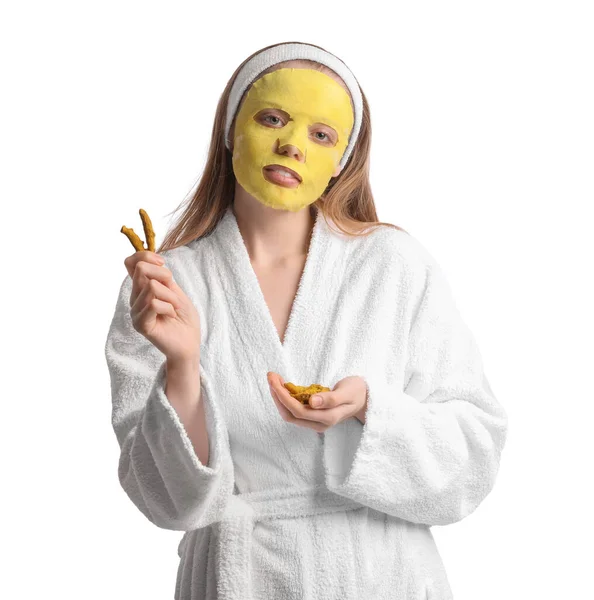 Young Woman Turmeric Mask Roots White Background — Stok Foto