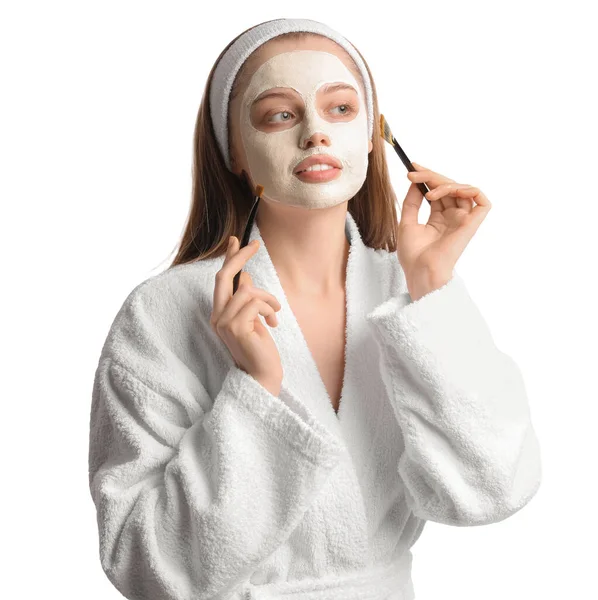 Young Woman Applied Turmeric Mask Brushes White Background — Stock Fotó