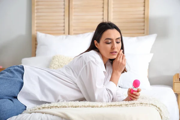 Young Woman Vibrator Lying Bed Home — Stock Photo, Image