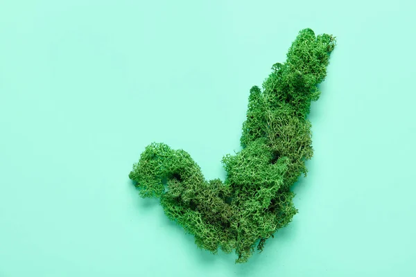 Check mark made of green moss on color background