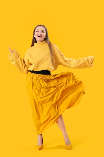 Fashionable Young Woman Knitted Sweater Skirt Yellow Background — Stock Photo, Image