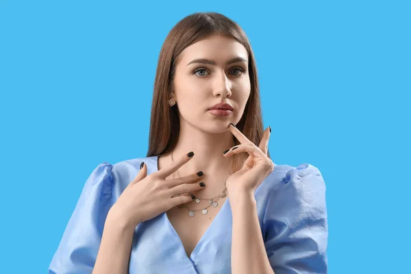 Fashionable Young Woman Stylish Dress Light Blue Background — Stock Photo, Image