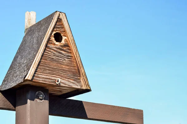 Pohled Dřevěný Ptačí Dům Proti Modré Obloze — Stock fotografie