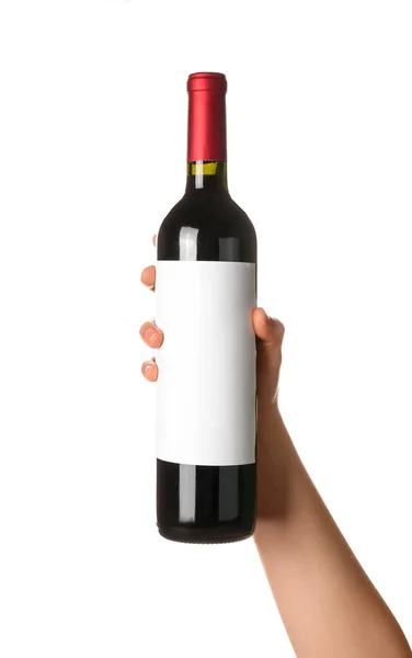 Female Hand Holding Bottle Red Wine Isolated White Background — Stock Photo, Image