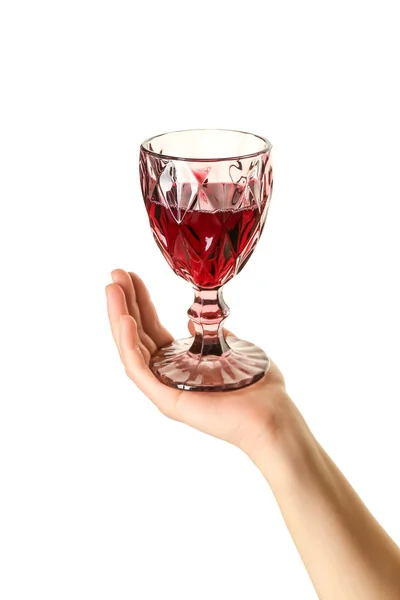 Female Hand Holding Glass Red Wine Isolated White Background — Stock Photo, Image