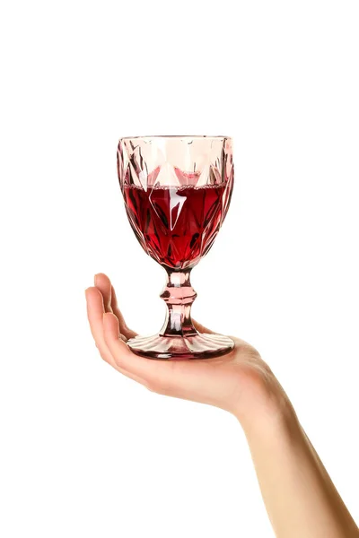 Female Hand Holding Glass Red Wine Isolated White Background — Stock Photo, Image