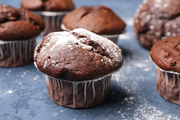 Tasty Chocolate Cupcakes Blue Background Closeup — Stock Photo, Image