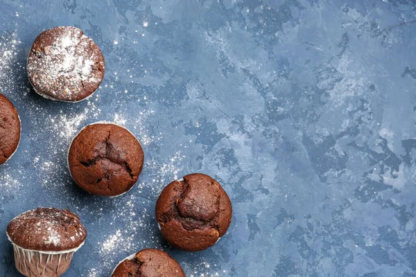 Tasty Chocolate Cupcakes Blue Background — Stock Photo, Image