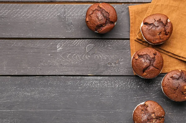 Tasty Chocolate Cupcakes Dark Wooden Background — Stock Photo, Image