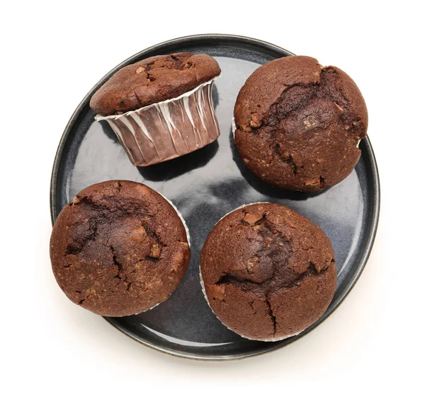 Plate Tasty Chocolate Cupcakes Isolated White Background — Stock Photo, Image