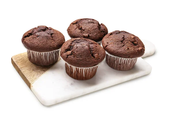 Bord Met Smakelijke Chocolade Cupcakes Geïsoleerd Witte Achtergrond — Stockfoto
