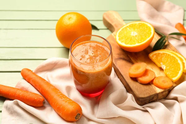 Glass Healthy Orange Smoothie Ingredients Green Wooden Table — Stock Photo, Image