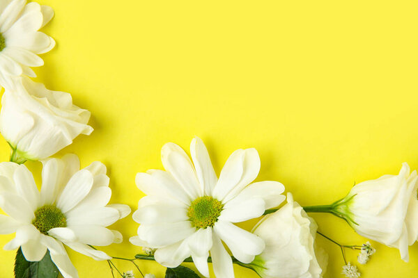 Beautiful eustoma and chamomile flowers on yellow background, closeup
