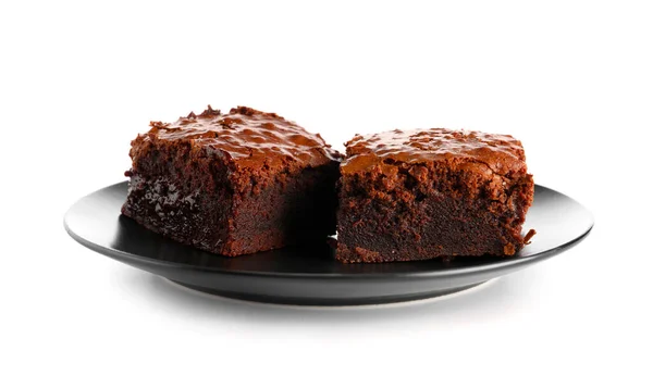 Bord Met Stukjes Lekkere Chocolade Brownie Geïsoleerd Witte Achtergrond — Stockfoto